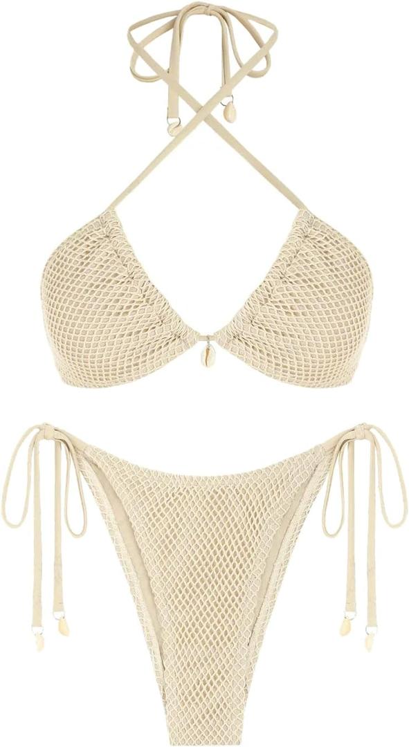 seamoly Women's Bikini Sets Halter Fishnet Shell Decorated Two Piece Swimsuit Sexy Side Tie Thong Bandeau Bathing Suits (Beige), XL