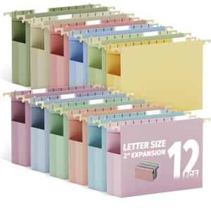 Ansook Letter Size Hanging File Folders Extra Capacity,Heavy Duty 2" Expansion File Folders Hanging with Tabs,Plastic File Cabinet Folders,12 Pack Pastel Desk File Organizer Folders for Office Home