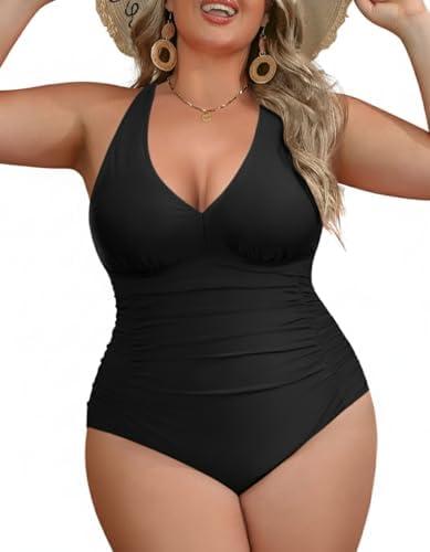 Aqua Eve Women Plus Size One Piece Swimsuits V Neck Tummy Control Bathing Suits Retro Ruched Swimwear Size 18W