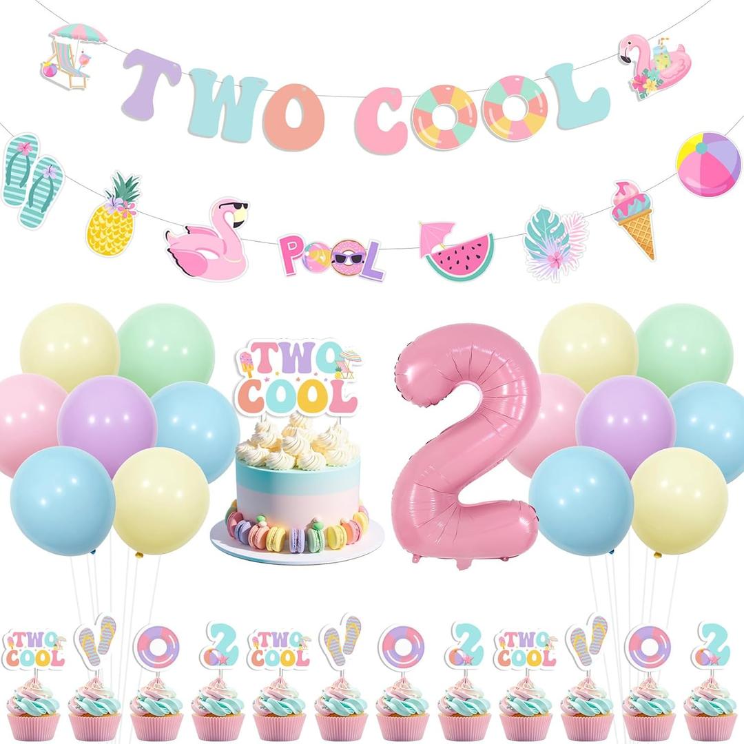 Two Cool Pool Birthday Party Decorations Kit for Girls 2nd Birthday, Macaron Color Banner Garland Cake Topper with Pink Foil Balloon, Summer Swimming Beach Theme Party Supplies