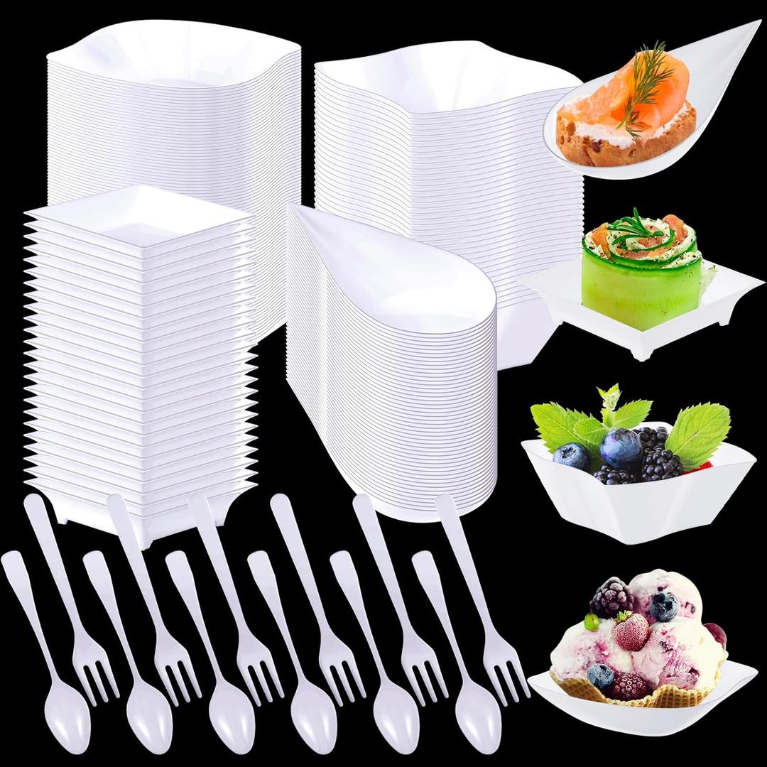 Tessco for you 400 Pcs Mini Appetizer Plates Set Including 200 Disposable Dessert Plates Assorted Shape 100 Mini Plastic Forks 100 Plastic Spoons for Party (Classic Style, White)
