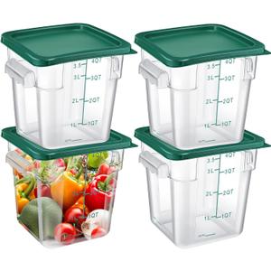 Maxcheck 4 Pcs 4qt Food Storage Container with Lids Bulk Clear Commercial Food Storage Bins with Scale Handle Space Saving Restaurant Tubs for Kitchen Prep Proof Dough Marinating Meat(Green)