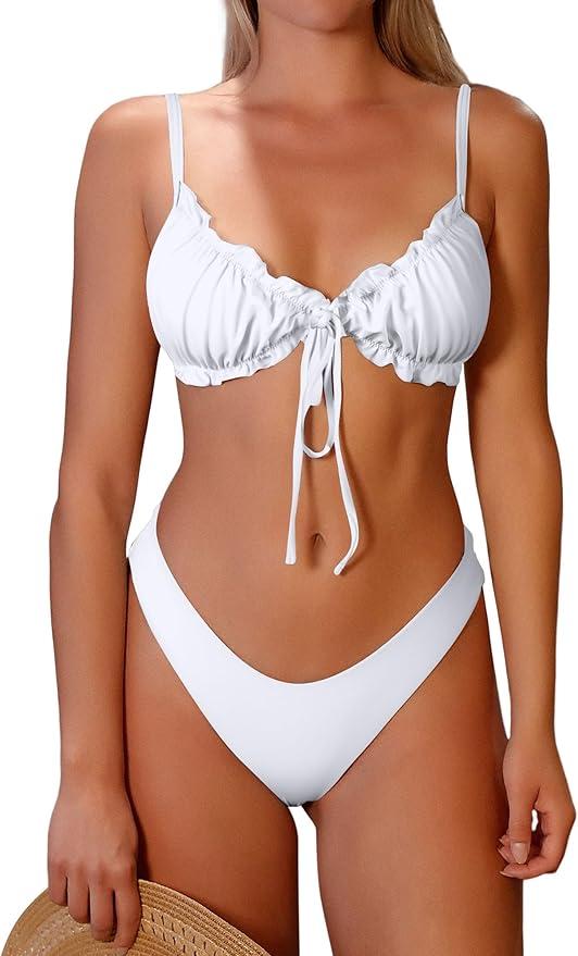 ZAFUL Women's Triangle Bikini Floral Ruffles Bow Tie Up Bikini Set Two Piece Swimsuit, M