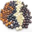 200Pcs Large Hole Barrel Wood European Loose Beads 4 Colors Natural Wooden Dreadlock Hair Braid Beads for Hair Braids Jewelry Bracelet Necklace Making 16x16-17mm