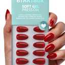 BTArtbox Press On Nails Almond - Pastel Red Short Press On Nails with Glue for Women, Opaque Soft Gel Glue On Nails in 16 Sizes - 32 Stick On Nails Kit, Power Suit