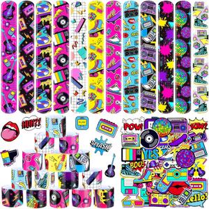 Sinmoe 86 Pcs 80s 90s Party Favors Slap Bracelets Bulk Back to 80s Throwback Theme Party Favors Snap Bracelets with Retro Stickers for Adults Decorations