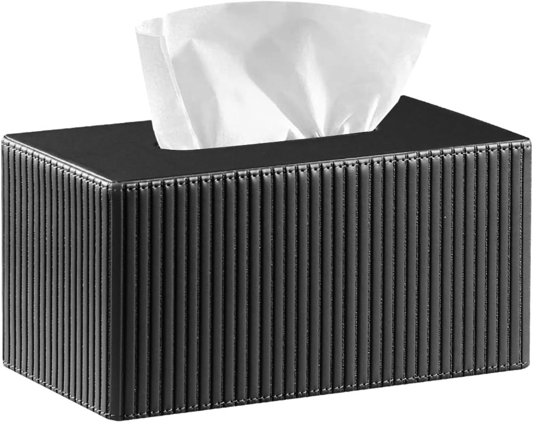 Fanousy Large Tissue Box Cover Rectangular with Bottom Belt, Fits 230-Count Kleenex, Modern PU Leather Facial Tissue Dispenser Holder for Bathroom Vanity, Nightstand, Bedroom, Office, Home Decor (Plus, Black)