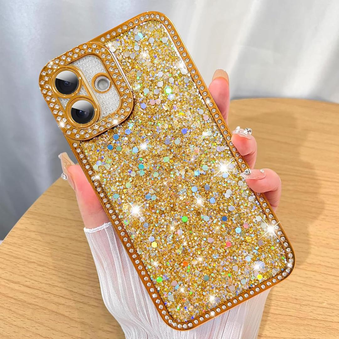 ZIYE for iPhone 16 Glitter Case Cute Luxury Dimond Shiny Design for Women Girls Soft TPU Shockproof Protective Slim Sparkle Bling Phone Case Gold