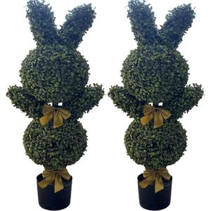 36'' Artificial Bunny-Shaped Topiary Double Ball Tree Pot UV-Resistant Bowknot Easter Decor Faux Boxwood Topiaries Plant for Porch Decor Outdoor/Indoor 2 Pack