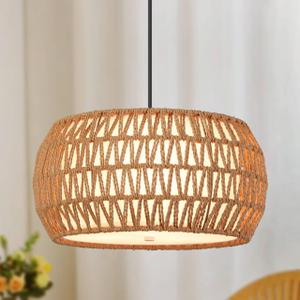 Rattan Boho Farmhouse Chandeliers Light Fixture,3 Lights Coastal Natural Hand Woven Fabric Drum Pendant Light for Dining Room Kitchen Island Hallway Bedroom Entryway UL Listed (3-Light 13IN)