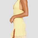 Women's Sexy Halter Bodycon Dress Deep V Neck Ruched Ruffle Hem Slit Mini Dress Sleeveless Club Party Outfits (Yellow, M)