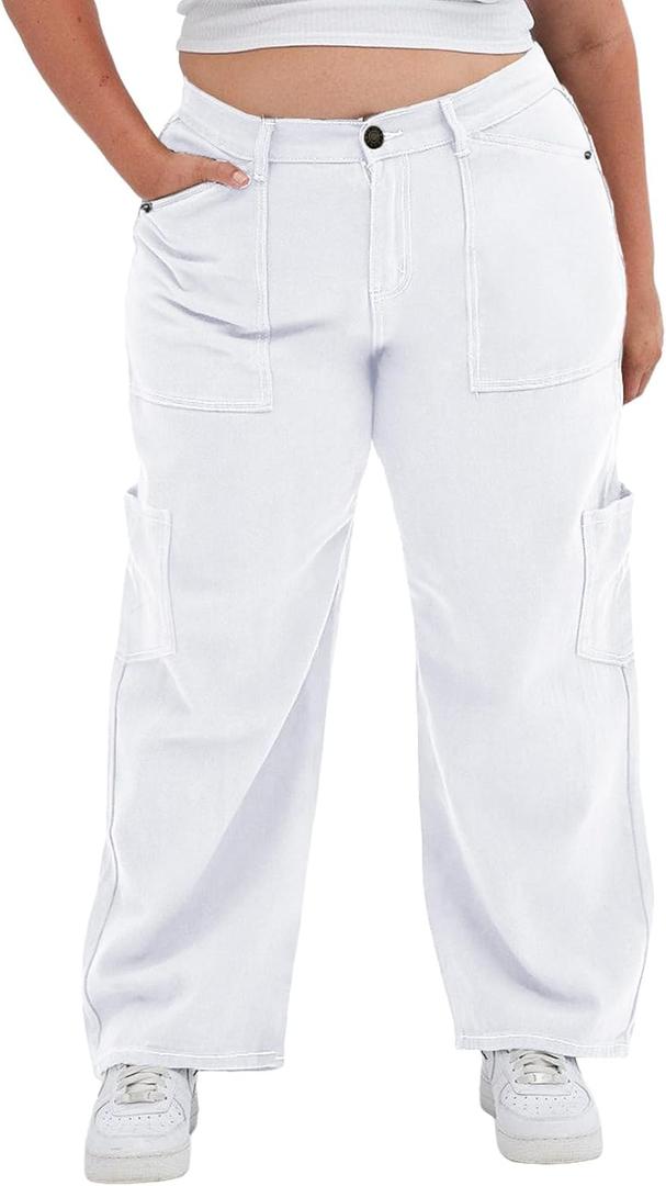 Eytino Plus Size Cargo Pants for Women High Waist Stretch Baggy Pants Casual Straight Leg Trousers with Pockets,2X White