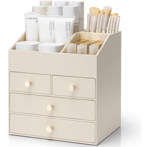 VLANDO Makeup Organizer Countertop,Large Vanity Organizer PU Leather Make up Storage with 4 Drawers Perfume Organizers Cosmetic Display Case for Lipstick,Brushes,Bedroom-Beige