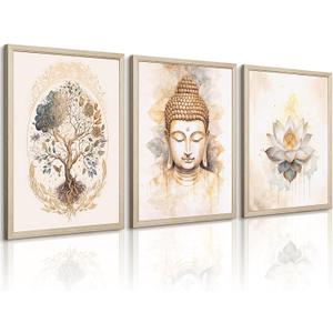 Zen Wall Art Decor Buddha Lotus Flower Artwork Tree of Life Canvas Painting Yoga Meditation Studio Wall Art Mindfulness Spiritual Energy Poster for Living Room Bedroom 12x16x3 Wood Framed