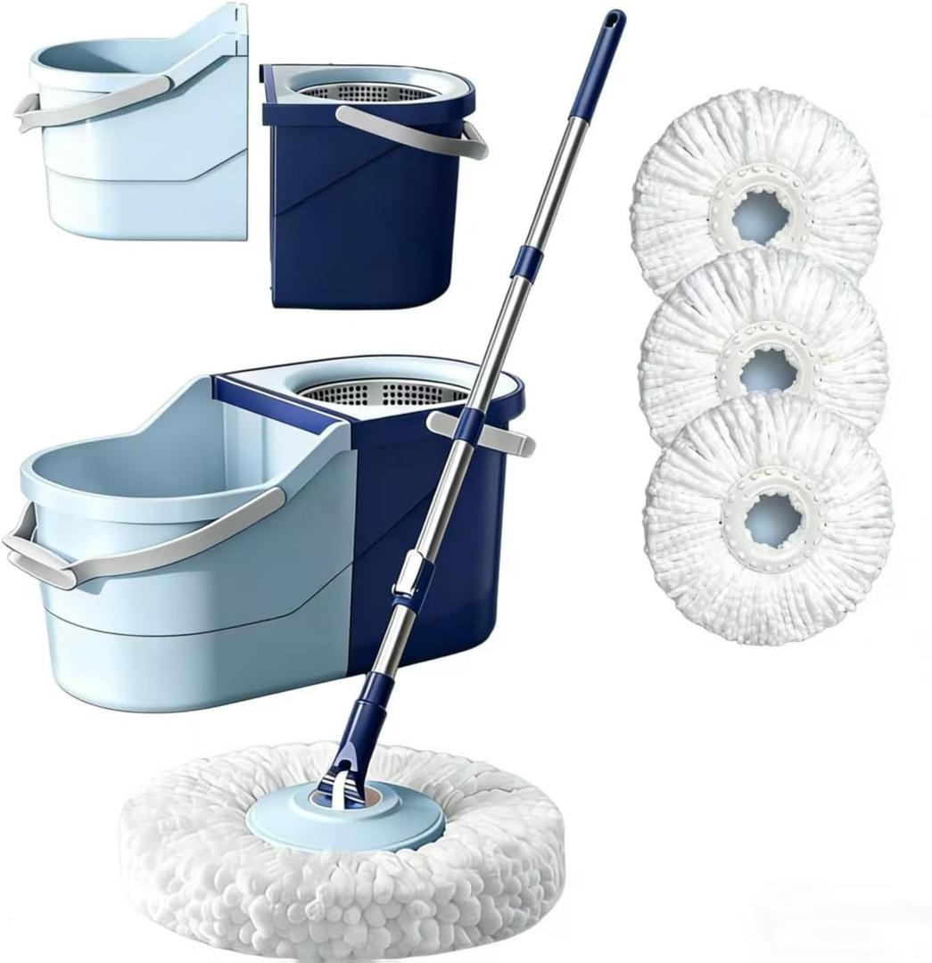 Spin Mop and Bucket Set with 4 Washable Microfiber Mop Heads, Durable Handle System for Hardwood Floor, Tile, and All Surface Cleaning