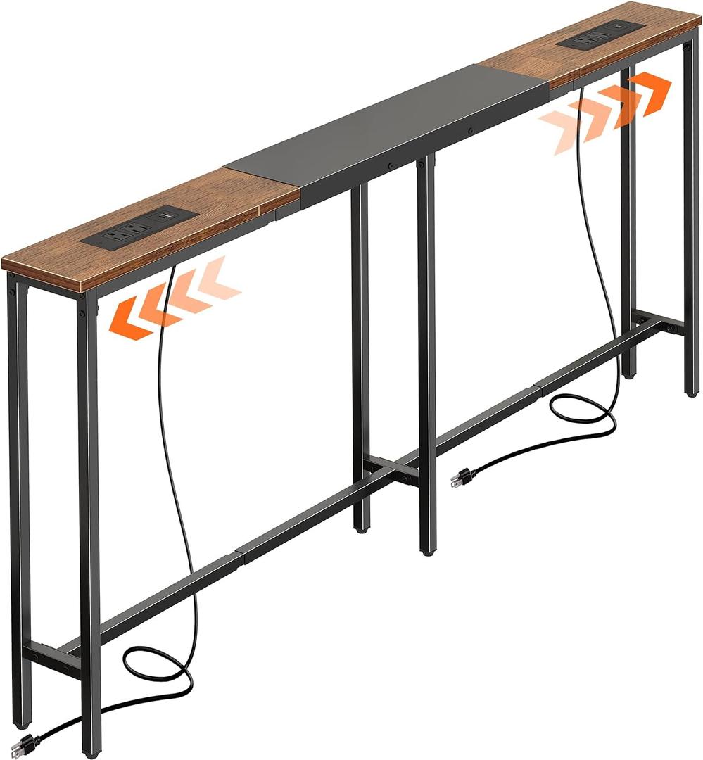 Huuger Narrow Sofa Table with 2 Power Outlets, 63-86.6 Inch Adjustable Length, Behind the Couch Table with USB-C Ports, Long Entryway Console Table, Anti-tip Kit, for Hallway Entry, Rustic Brown, 63.0"-86.6"w X 29.5h