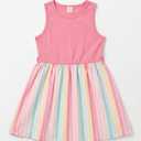 Hilinker Girls Rainbow Sleeveless Pleated Dress Summer Tie Knot Tank Dresses with Belt Pink Multicolor 9-10 Year