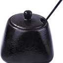 Japanese Black Sugar Bowls with Lid Ceramic Salt Container with Stainless Steel Spoon for Sugar Pepper Spices