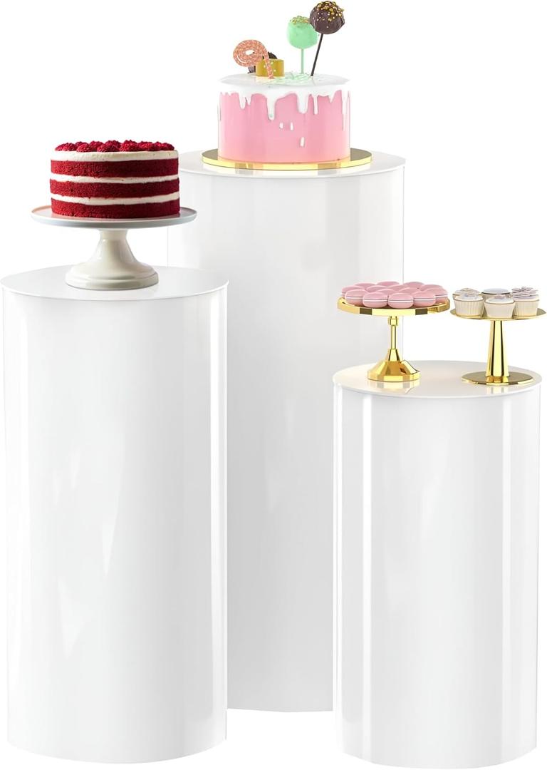 White Cylinder Pedestal Stands - 3 Pieces - White Party Cylinder Table for Wedding Party or Babyshower - Party Decor - 35.4''(L),29.5''(M),23.6''(S)