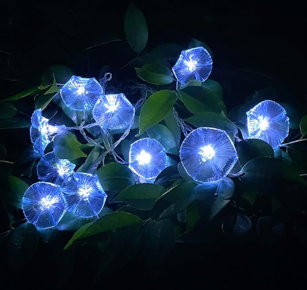 Solar Flower String Lights Outdoor waterproof - Petunia Blue Morning Glory Flowers, 10 Brightness LEDs, 12.5Ft, 2 Modes - Ideal Outdoor Decorative Lighting for Garden, Fence, Yard, and Trees