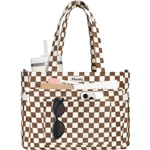 honitty Tote Bag for Women, Corduroy Shoulder Bag, Large Capacity Laptop Work Crossbody Handbag with Cup Pocket, Brown and White