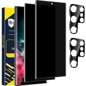 [2+2 Pack] Galaxy S22 Ultra Privacy Screen Protector, 9H Tempered Glass, Ultrasonic Fingerprint Support, 3D Curved, HD Clear Anti-Spy Film for Samsung S22 Ultra 5G Glass Screen Protector