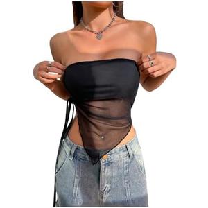 SOLY HUX Women's Strapless Mesh Sheer Tube Crop Top Drawstring Side Asymmetrical Hem Sleeveless Tops S