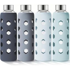 Mrsdry Glass Juice Bottles with Lids and Silicone Sleeves 18 oz, 4-Pack Reusable Clear Glass Water Bottles with Stainless Steel Airtight Cap for Juicing, Refrigerator, BPA Free Leak-Proof Drinking Jar (Gray)