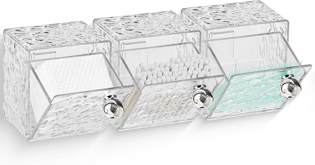 Qtip Holder Dispenser, 3 Pack Wall Mounted Plastic Cotton Pad Holder, Cotton Ball, Swabs, Floss, Makeup Organizers Containers for Vanity Bathroom (Clear, 3 Pack)