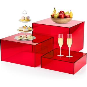 Bouiexye 3Pcs Red Buffet Risers Acrylic Boxes Display Food Risers for Buffet Table Platter Parties Weddings Catering Dessert Collectibles Figures Show (6''x7''x8'')