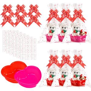 Threehoney 6 Set Valentines Day Heart Basket Plastic Empty Gifts Baskets with Cellophane Bags and Pull Bows Ribbons for Valentine Gift Filling (Red, Pink)