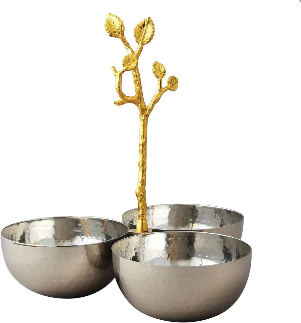 Elegance Golden Vine Hammered Triple Bowl, Silver/Gold