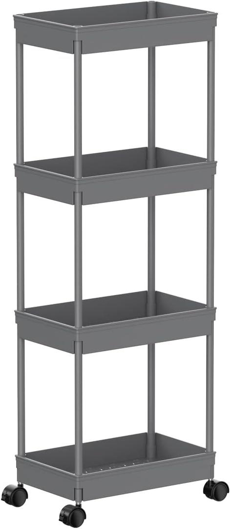 Sooyee 4 Tier Wide Storage Cart Mobile Shelving Unit Organizer Slide Out Storage Rolling Utility Cart Tower Rack for Kitchen Bathroom Laundry, Plastic & Stainless Steel,Grey (Gray)