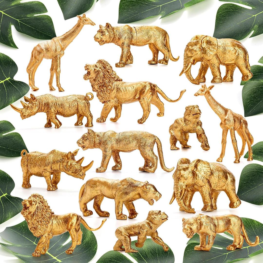 ZENFUN 26 Packs Gold Jungle Animal Figures, 14 Pcs Animals Toy and 12 Pcs Faux Tropical Palm Leaves, Plastic Zoo Animal Figure with Elephant Lion Giraffe Orangutan Rhinoceros Cheetah Leopard