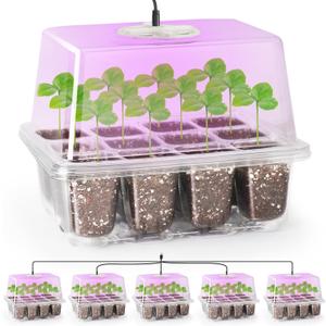 Bonviee 5 Packs Seed Starter Tray with Grow Light, Elevated Seedling Starter Trays Kits with Adjustable Humidity Domes and Clear Cell Tray, 12 Full Spectrum led lamp Beads for Plants Indoor-Clear (5 Packs, with light)