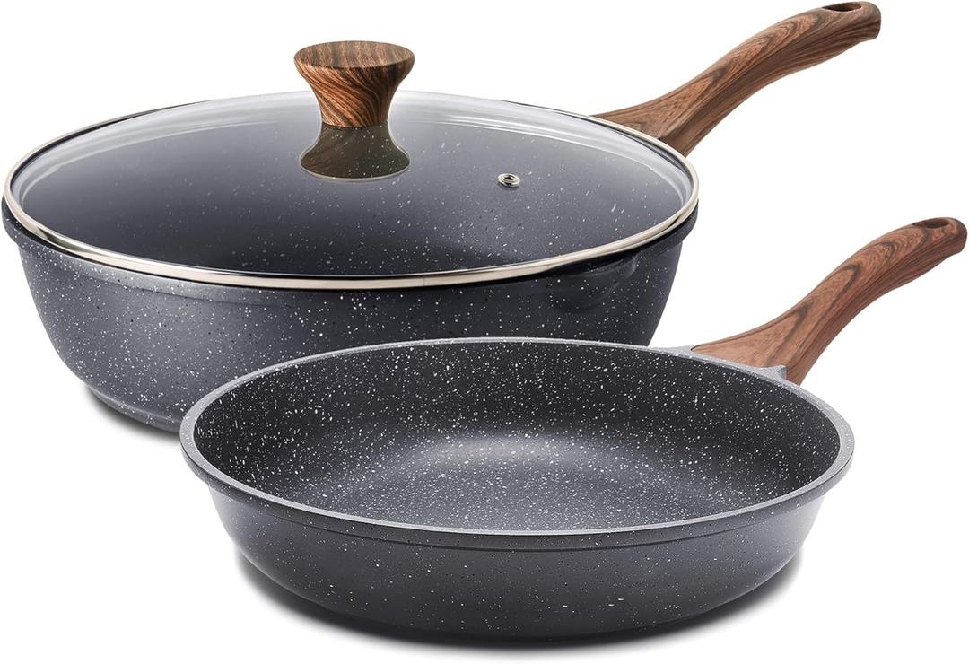 SENSARTE Nonstick Frying Pan Skillets, Swiss Granite Coating Omelette Pans, Healthy Cookware Chef's Pan, PFOA Free(8 Inch Frying Pan and 3.5QT Saute Pan) (8 Inch+3.5QT w/ Lid, Gray)