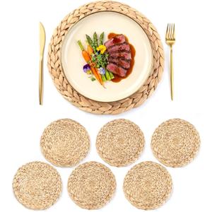 12 Inch Round Woven Placemats Set of 6, Herringbone Pattern, Natural Table Mats Braided Heat Proof, Farmhouse Boho Table Place Mat Ourdoor Wicker Chargers for Dinner Plates