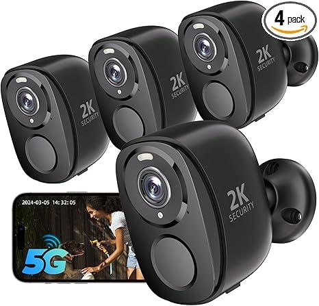Rraycom 4Pack 5G/2.4G Security Cameras Wireless Outdoor,2K Battery Powered AI Motion Detection Siren Alarm WiFi Home Indoor Camera, Color Night Vision, 2Way Talk, Waterproof, Works w/Alexa, Cloud/SD