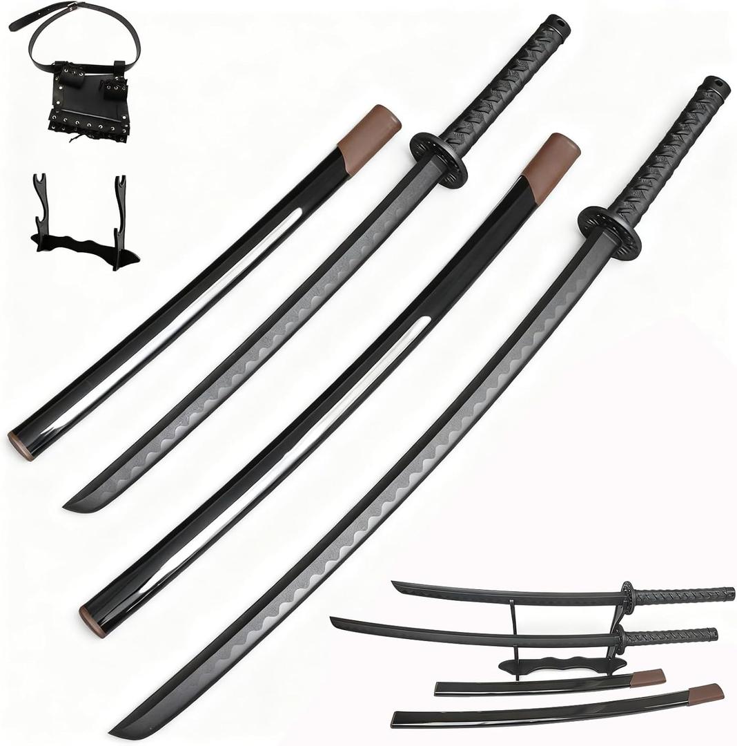 2PCS Polypropylene Plastic Training Martial SwordBlack Practice Katana Sword with SheathTraining Katana for Practicewith Belt and Stand