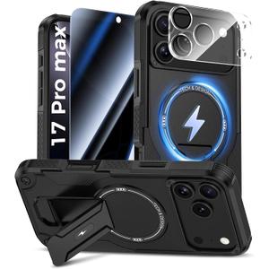 Goton for iPhone 17 Pro Max Case with Privacy Tempered Glass Screen Protector & Camera Lens Protector, Compatible with MagSafe, Invisible Kickstand, Shockproof Phone Cover, Black