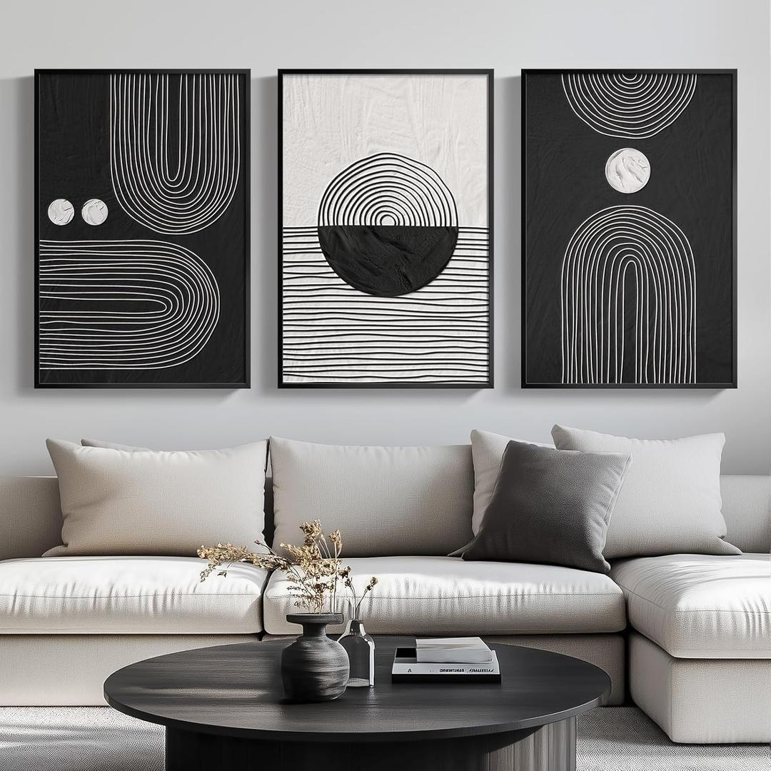 Framed Black and White Boho Wall Art for Living room, Large Black Abstract Geometric Artwork for Walls Mid-Century Modern Pictures Minimalist Bohemian Wall Art for Bedroom Office Wall Decor 16x24 Inch