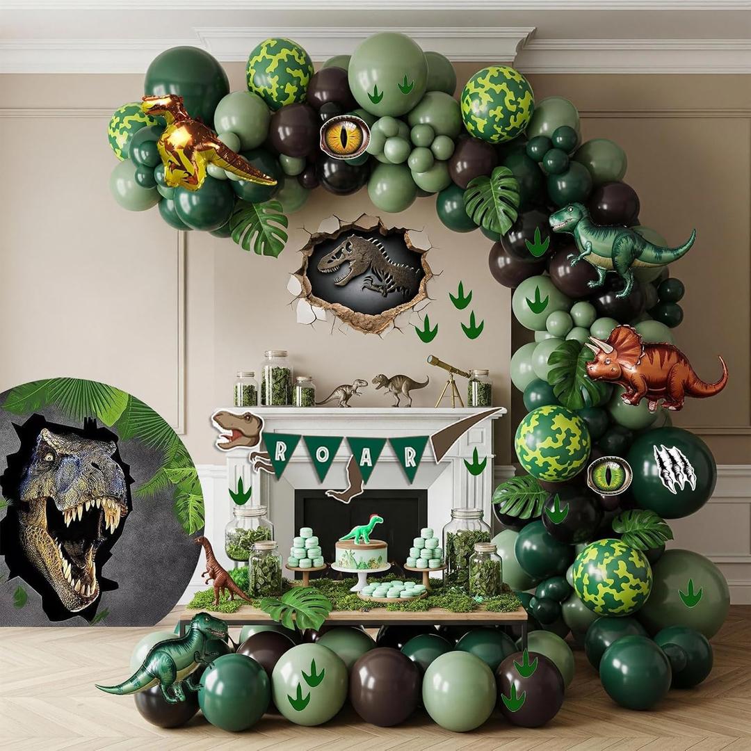 Dinosaur Birthday Party Decorations Includes Green and Brown balloon arch & Cute Small dino Foil balloons & Banner Footprint Sticker for kids jungle Safari dino ROAR Themed Supplies