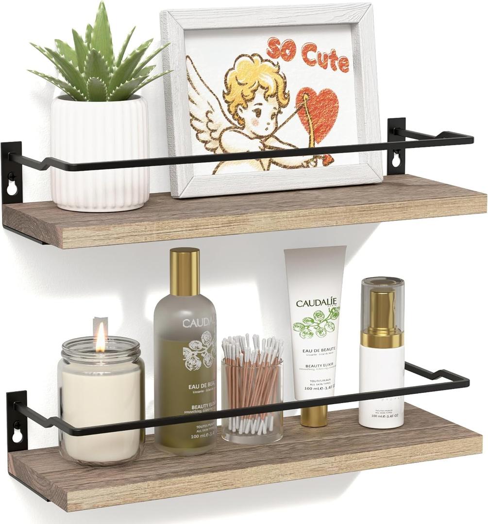 RICHER HOUSE Bathroom Shelves, Guard-Rail Floating Shelves for Wall, Wall Mounted Shelves Set of 2, Cute Bathroom Organizer Decor, Over Toilet Storage Small Shelf for Kitchen - Carbonized Black