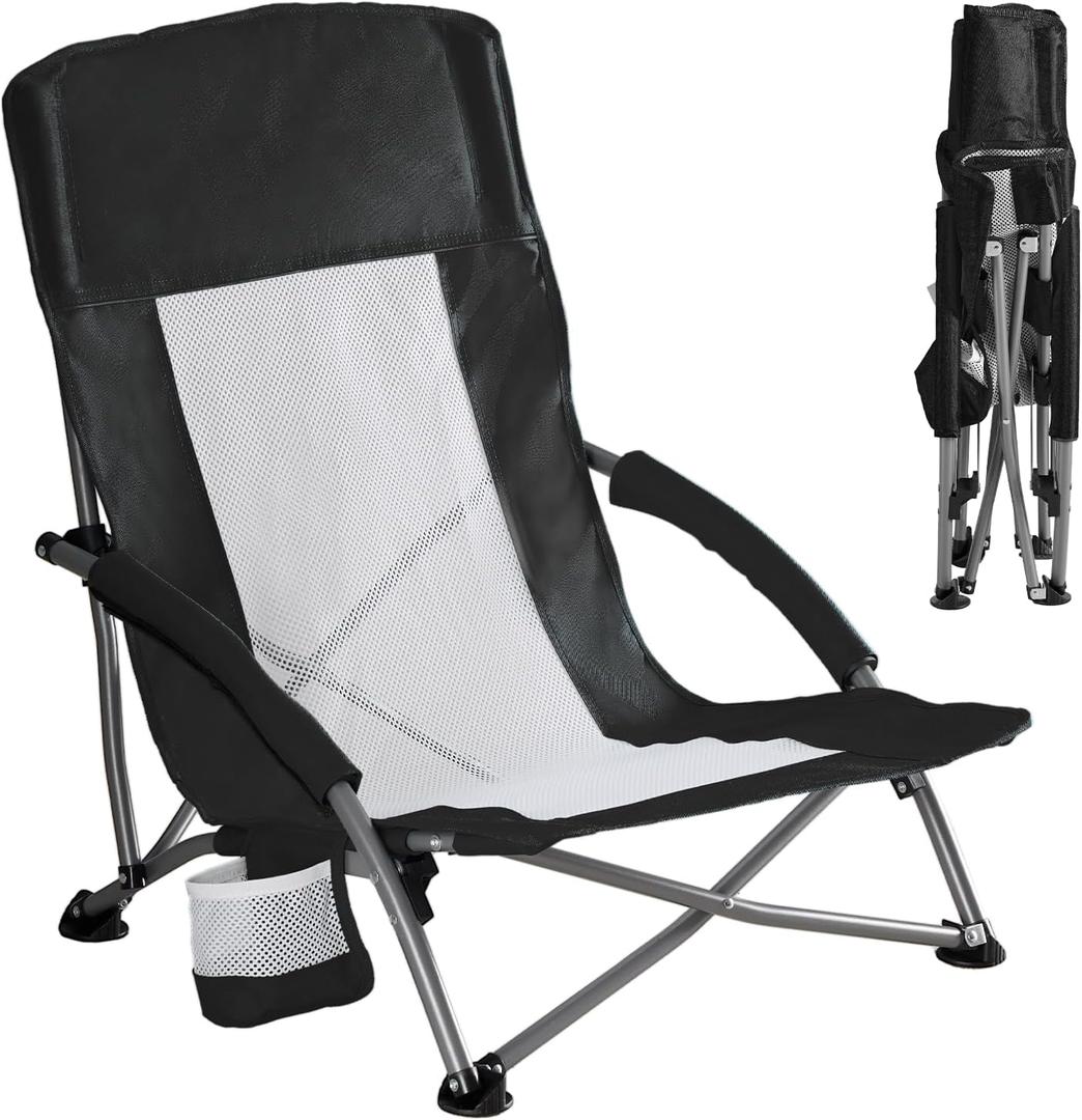 DUMOS Low Beach Chair for Adults, Lightweight Folding Beach Chair with Cup Holder, Storage Bag, Breeze Mesh Back, Padded Armrests, Compact Low Profile Chair for Camp, Picnic, Lawn, Sand