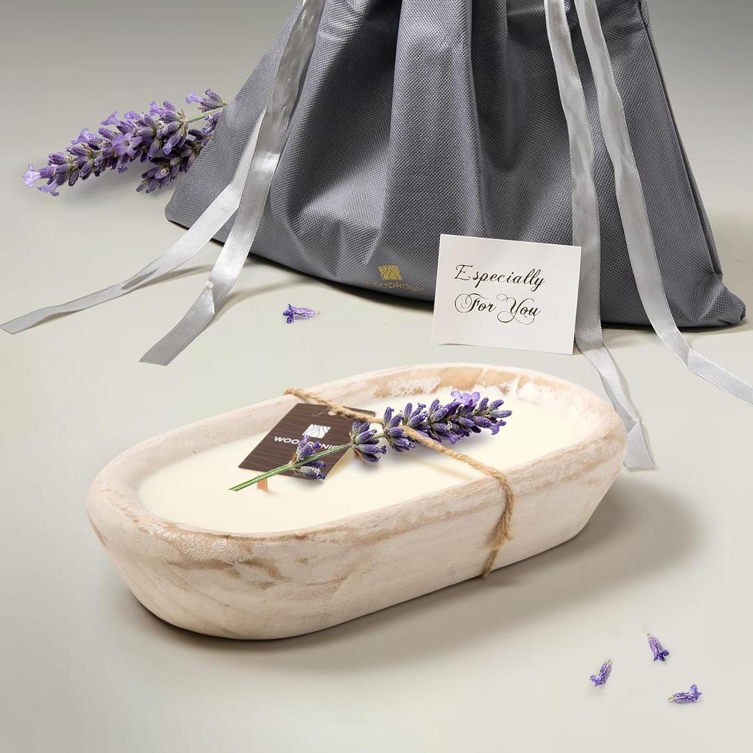 Woodronic 3 Wick Dough Bowl Candle, Lavender Scented Candle with White Wooden Bowl, 10 Inch Large Soy Wax Candle for Home Decor, Living Room, Bedroom, Perfect Gifts for Men & Women