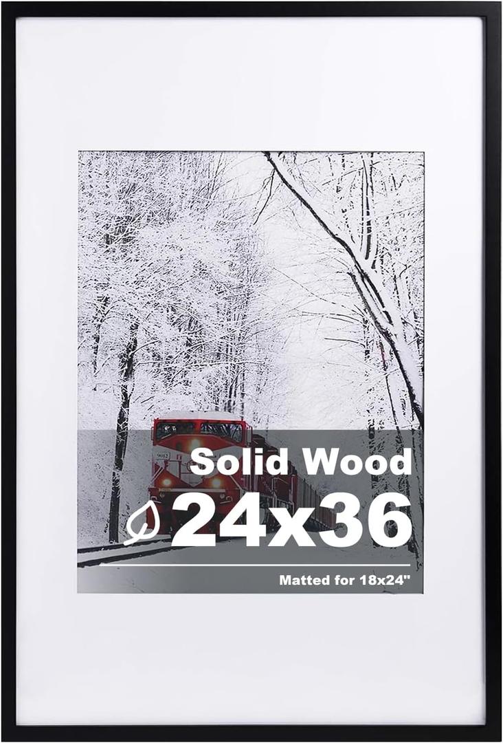 Egofine 24x36 Solid Wood Picture Frame, Made of Solid Wood Covered by Plexiglass 18x24 with Mat 24x36 without Mat, Poster Frame for Wall Mounting Photo Frame Vertically or Horizontally, Black