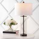 JONATHAN Y 29" Oil Rubbed Bronze/Clear Modern Glass Table Lamp for Living Room Bedroom, Minimalist Nightstand Bedside Lamp, White Linen Drum Shade, LED Bulb Included (JYL2005B)