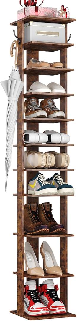 HOMEFORT 10-Tier Vertical Shoe Rack, Corner Shoe Tower, Slim Shoe Organizer with Two Hanging Hooks, Wooden Shoe Storage Stand for Entryway, Hallway, Closet, Rustic Brown (11.02"D x 11.02"W x 62.2"H)