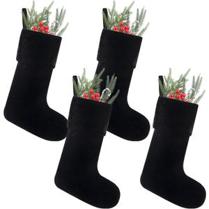 Soulchen 4 Pieces Christmas Velvet Stocking 10 x 19 Inch Xmas Hanging Stockings Sock for Fireplace Christmas Tree Ornament Holiday Season Party Decorations (Black)
