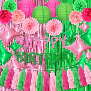 Tiamon Pink and Green Birthday Party Decorations Happy Birthday Bow Banners Four Angle Star Balloons Paper Pom Poms Lanterns Fans Tassel Garland Decor for Girls Women Witch Theme Party Decor